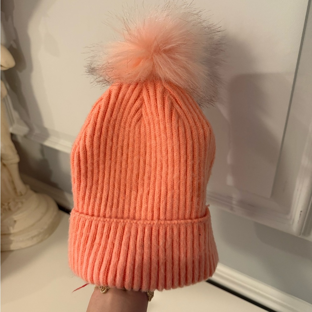 Bershka Coral Knit Beanie with Fluffy Pom-Pom